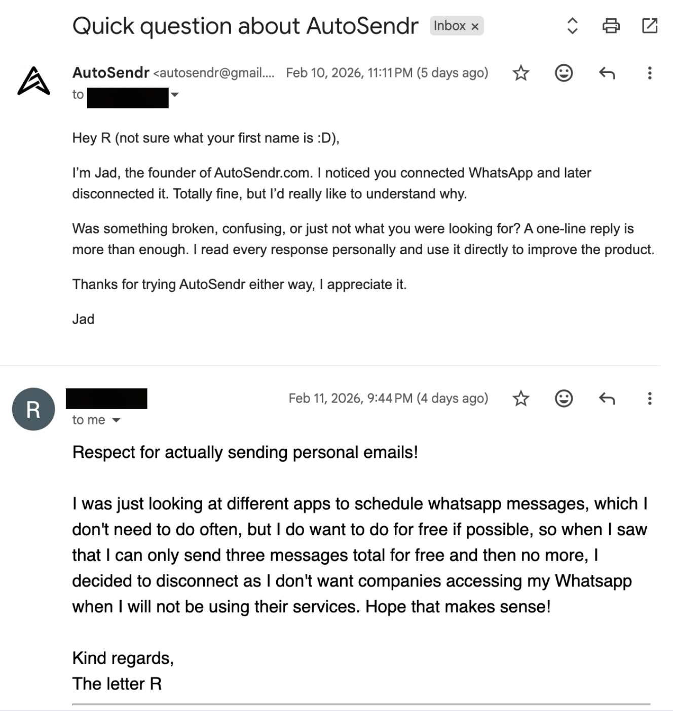 Customer feedback email screenshot