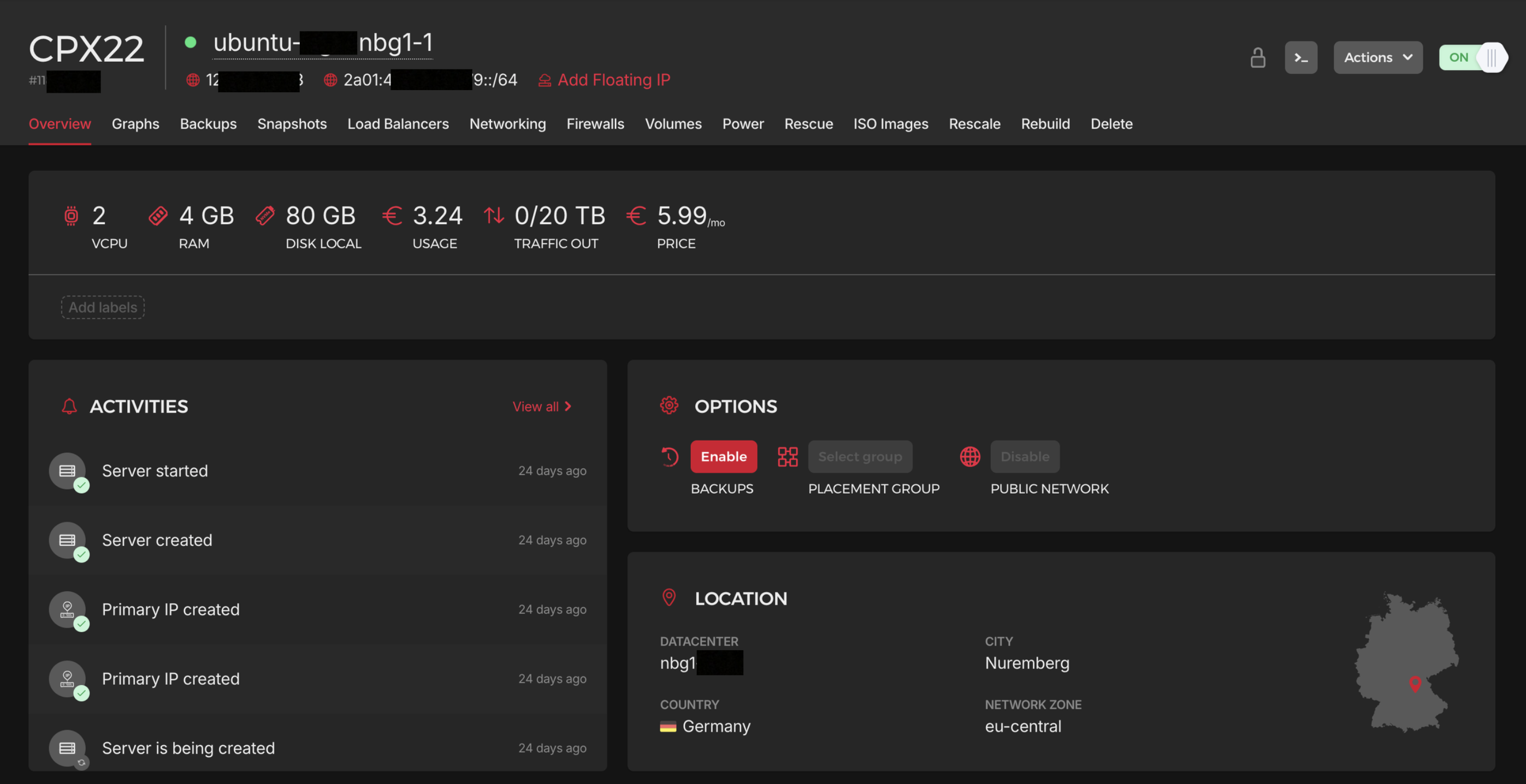 Hetzner console dashboard